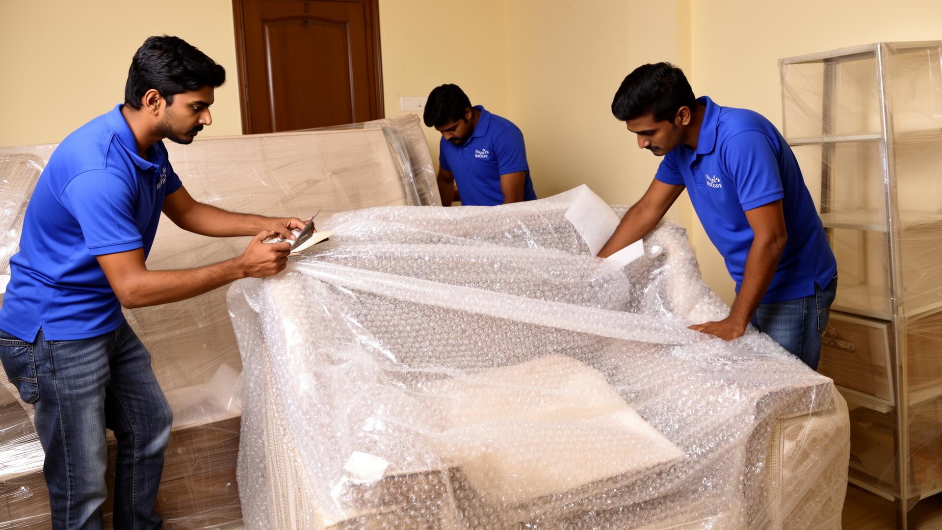 Movers carefully wrapping furniture
